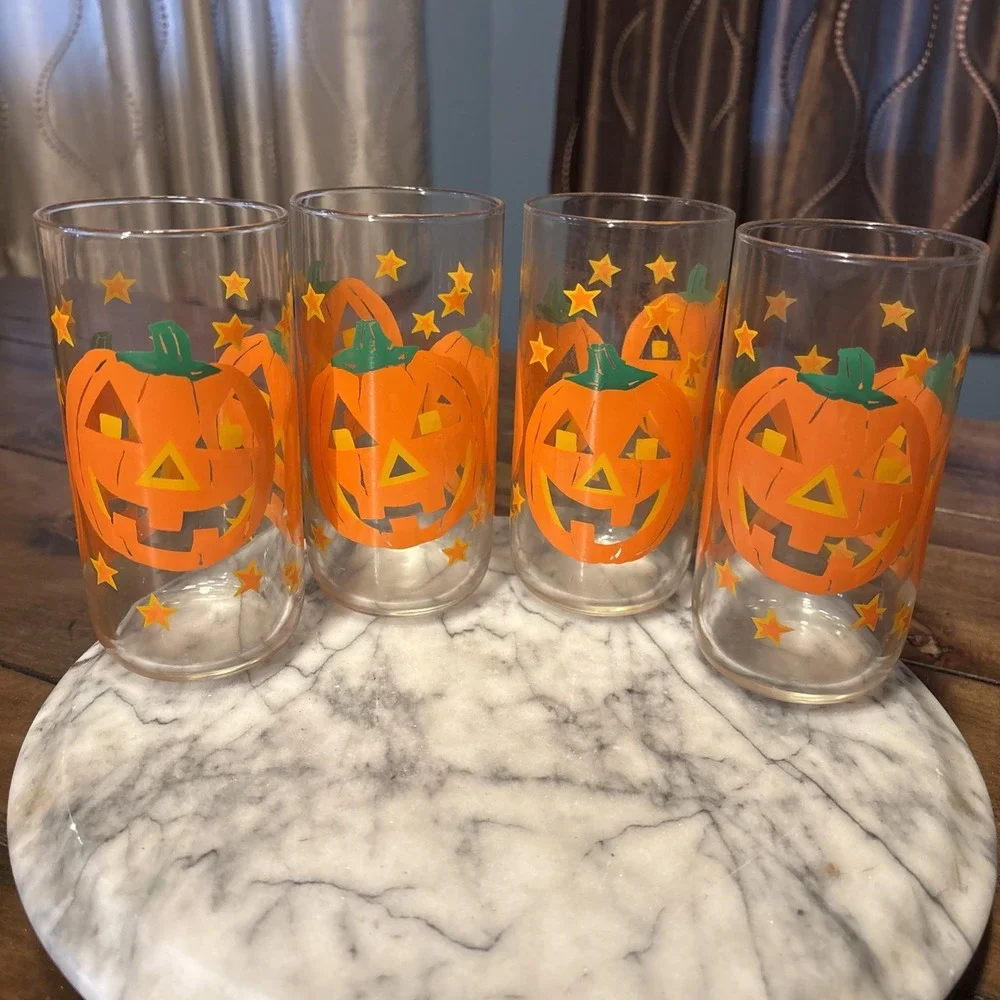 4pc VTG Libbey Jack O Lantern Drinking Glasses Halloween Pumpkin Fall Tumbler